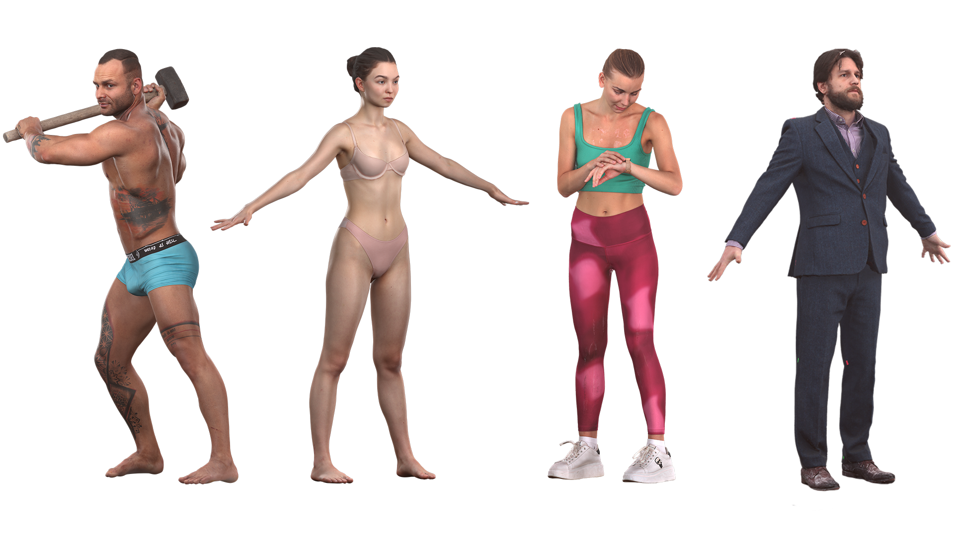 Preview of our scans: Clean A-pose scan, Clean Body scan, Raw A-pose scan, and Raw Daily scan. Muscular man, A-pose of a lady in underwear, woman in sportswear checking the time, and a manager in a business suit.